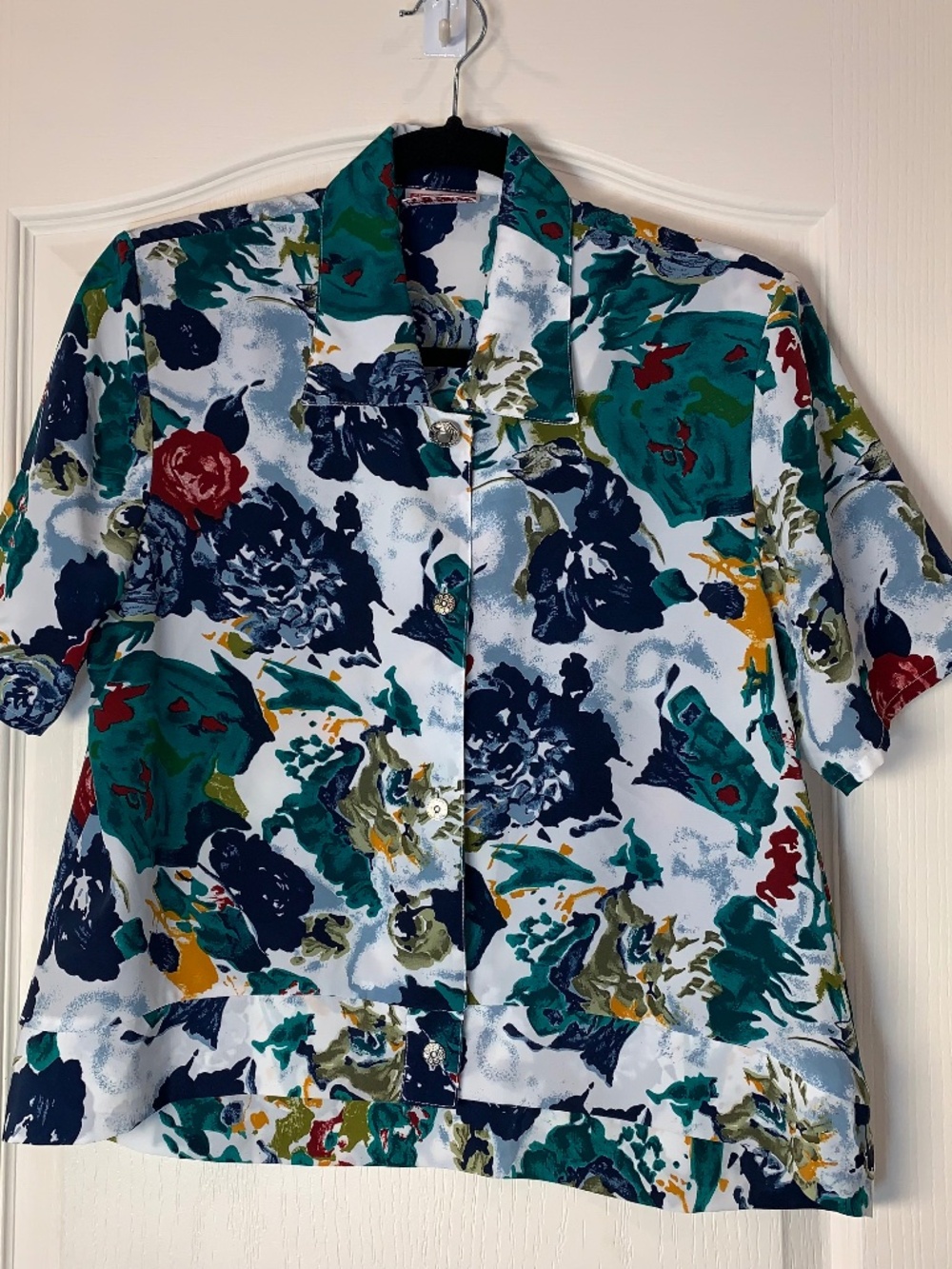 Vintage 90s Teal Floral Blouse Sleeveless Button Front Artsy Retro L